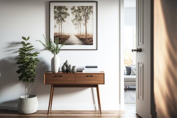 Fototapeta premium a living room with an entry table and a picture frame made by generative ai