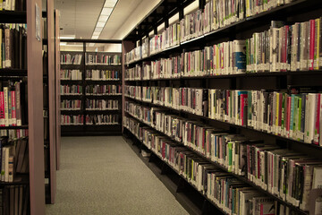 Long row of library shelves with books