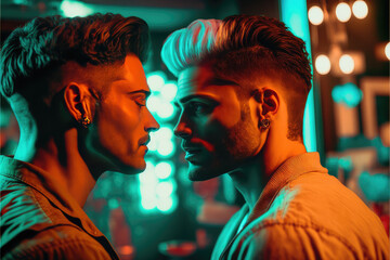 male gay couple in their moment of intimacy at night in a night club. This image was created with generative AI