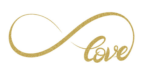 Obraz premium Infinity Love lettering png illustration with gold glitter grain pattern, suitable for celebration, greeting, element, clip art, card, post, etc