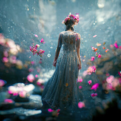 Woman in a flowing dress amongst a field of flowers created with Generative AI