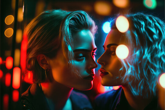 Young lesbian couple in their moment of intimacy at night in a night club. This image was created with generative AI	
