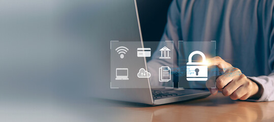 Cyber ​​security concept, privacy and encryption, secure internet access, lock screen key