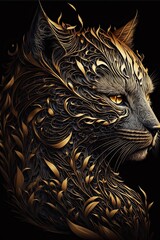 AI-generated illustration of the precious metal sculpture of a cat. MidJourney.