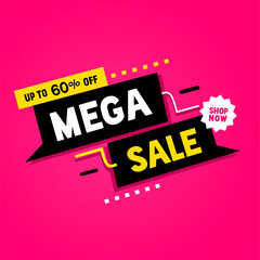 Mega sale banner template design template, Promotion and shopping template up to 60% off. Mega sale. Flat style vector illustration.