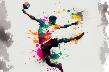 Fototapeta na wymiar Abstract handball player jumping with the ball from splash of watercolors