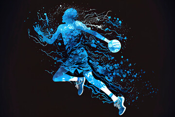 Abstract silhouette of a basketball player man in action isolated blue background
