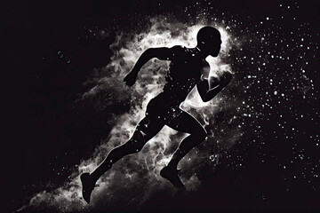 Naklejka premium Abstract silhouette of a running athlete man on the dark, black background