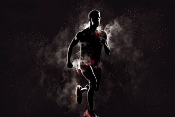 Abstract silhouette of a running athlete man on the dark, black background