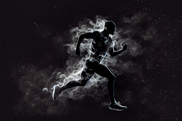 Obraz na płótnie Canvas Abstract silhouette of a running athlete man on the dark, black background