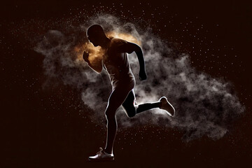 Abstract silhouette of a running athlete man on the dark, black background