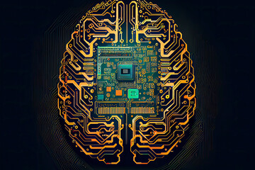Vector printed circuit board human brain, conceptual illustration of CPU in the center of a computer system
