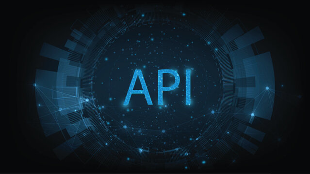 Application Programming Interface (API) concept. Software development tool, information technology, modern technology, internet and networking concept on dark blue background.