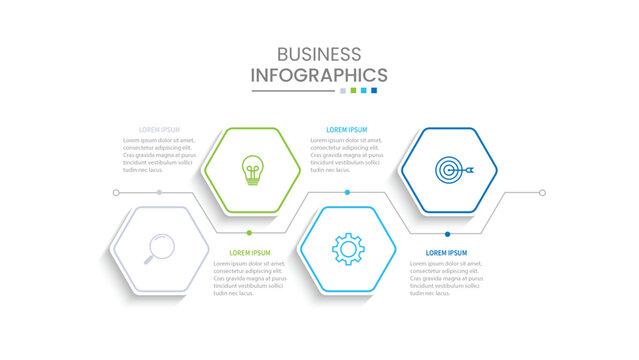Business infographic design with 4 options. Vector thin line label with hexagons template.