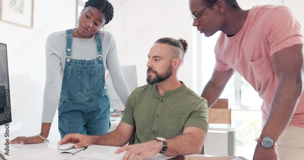 Aufkleber training, coaching and business people with computer in office for helping coworker with project. te