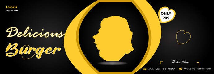 Fast food and delicious hot cheesy burger banner template.
