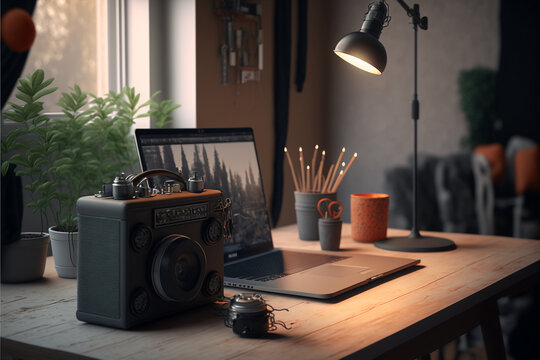 Home Studio For Podcasting, Online Streaming, Vlogging. Workplace Of Content Creator With Microphone, Laptop And Headphones. 