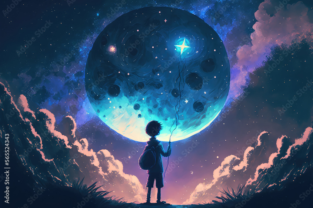 Wall mural illustration painting of the boy holding glowing star standing against hanging stars in the beautifu