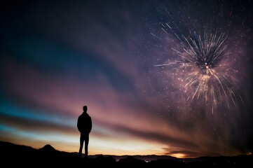 silhouette of a person standing on a hilltop, watching a fireworks display in the sky at twilight (AI Generated)