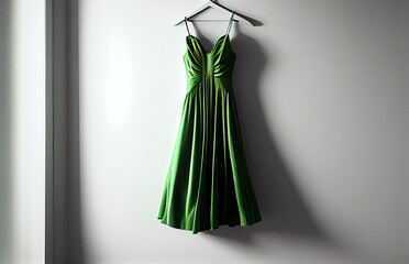 green dress hanging on a wall, isolated, generative ai