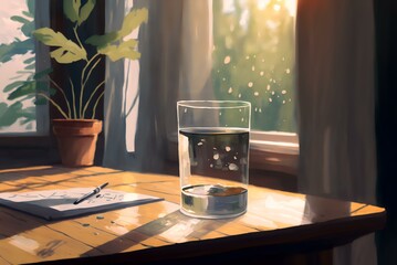 side view of a glass of water on a table with natural light streaming in from a window, DIGITAL ART (AI Generated)