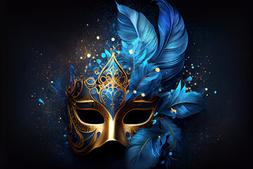 Realistic luxury carnival mask with blue feathers