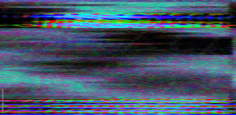 Poster Glitched and distorted TV screen with static pixel noise.