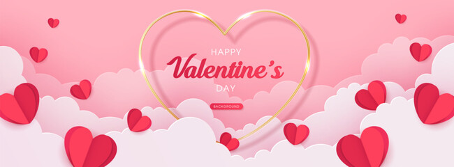 Happy Valentine's day poster or banner template. beautiful paper cut white clouds with hearts on pink background. place for text. vector design.