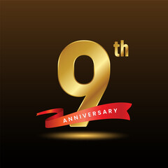 9th anniversary logo design with golden numbers and red ribbon. Logo Vector Template