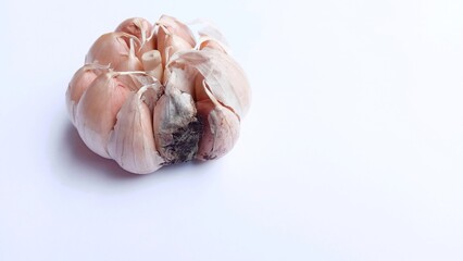 close up of moldy garlic. rotten garlic isolated on white background
