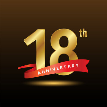 18th anniversary logo design with golden numbers and red ribbon. Logo Vector Template