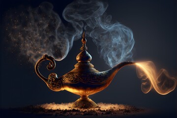The lamp of wishes - genie coming out of the lamp - obrazy, fototapety, plakaty