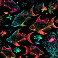 Colorful Neon Fish with Black Background