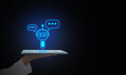 Digital chatbot, conversational agents, robot application, conversation assistant that mimic human speech. Hand holding a tablet with digital AI chatterbot on virtual screen for online information.