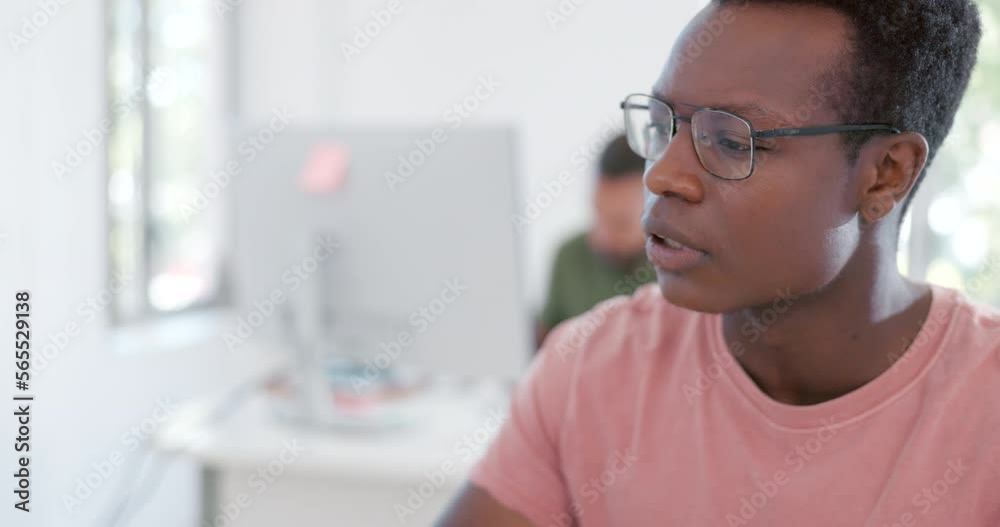 Poster Office reading glasses, black man and working on 404 programming glitch or erp coding error. Information technology, developer or programmer repair cloud computing code or cyber security software