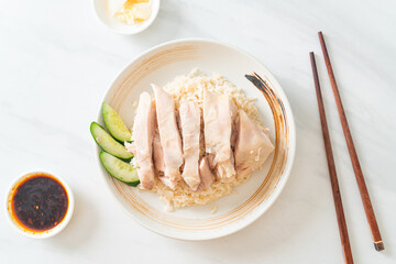Hainanese chicken rice or rice steamed with chicken soup
