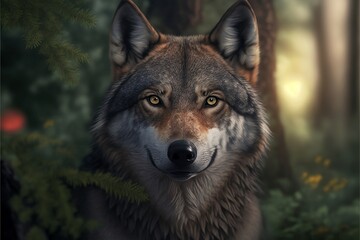 Fototapeta premium Smiling Wolf expression in green forest. Generative AI.