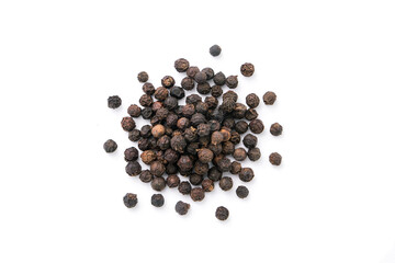 Pile of black pepper or peppercorns top view isolated on white background.