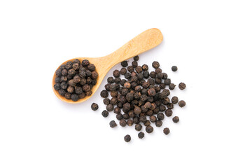 Black pepper or peppercorns in wooden spoon with floor isolated on white background , top view ,...