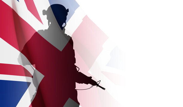Silhouette of soldier with United Kingdom flag on white background. Background for Remembrance Day. United Kingdom Armed Forces concept. EPS10 vector