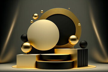 3d render, abstract background, black and gold, luxury podium. Generative AI