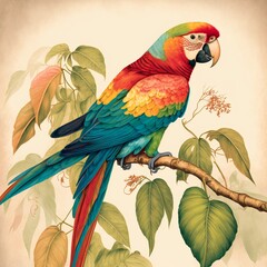 Colorful Parrot on Branch Illustration (generative AI)