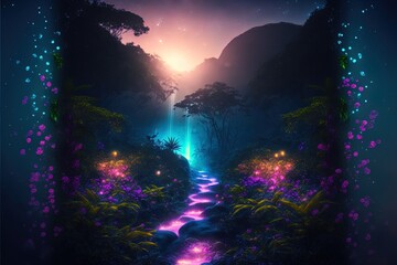 Fototapeta na wymiar Glowing Forest Night scene with butterflies. Illuminated Light in the trees and flowers. Beautiful fantasy Night forest scene. —generative AI digital illustration.
