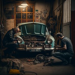 Mechanics Working on a Car in a Garage (generative AI)