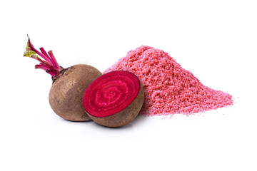 Beetroot (beet root) powder with fresh fruit isolated on white background.