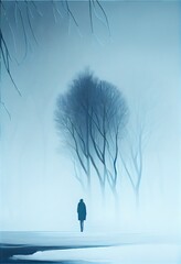 a painting of some trees and woman silhoutte in the snow and foggy Generative AI