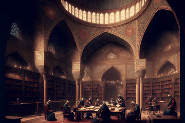 A Generative AI-generated illustration of an Islamic library, representing the advancements made by Islamic civilization
