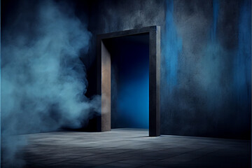Fototapeta na wymiar Blue cloudy smoke and a wall texture