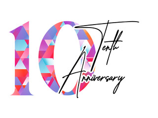 10 ten years anniversary. Vector triangular digits with white background, Happy retirement celebration etc.