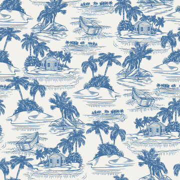 SEAMLESS HAND DRAWN TOILE TROPICAL SCENE FLORAL PATTERN SWATCH